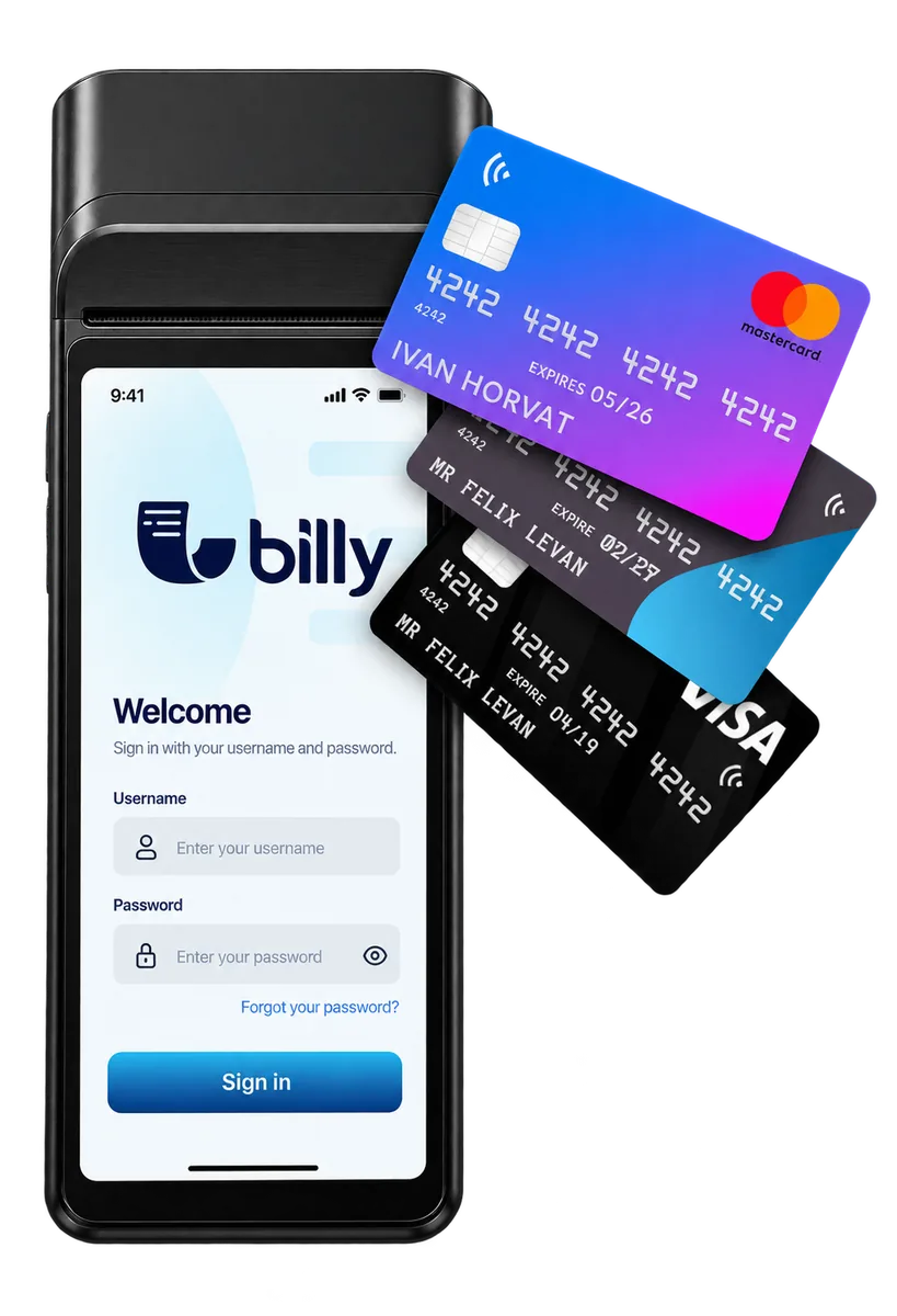 Illustration of an unbranded touchscreen cash register beside a contactless payment card.